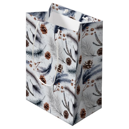 Sac Cadeau Moyen Pine Cones & Pine Needles Aquarelles Motif (Devant Angle)