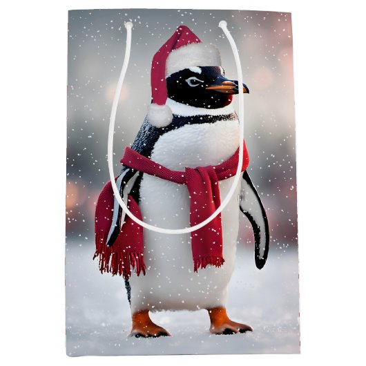 Sac Cadeau Moyen Pingouin de Noël avec Écharpe rouge (Devant)