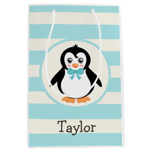 Sac Cadeau Moyen Pingouin mignon avec Bowtie Turquoise (Devant)