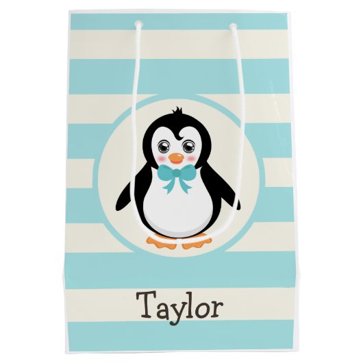 Sac Cadeau Moyen Pingouin mignon avec Bowtie Turquoise (Dos)