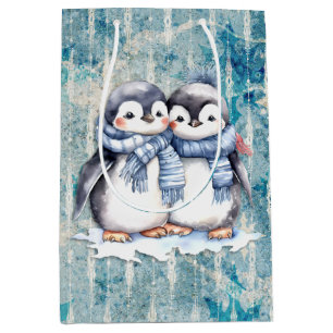 Sac Cadeau Moyen Pingouins D'Aquarelle Bleu D'Hiver Avec Écharpes