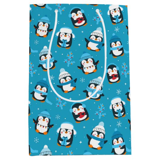 Sac Cadeau Moyen Pingouins d'hiver de Noël amusants (Devant)