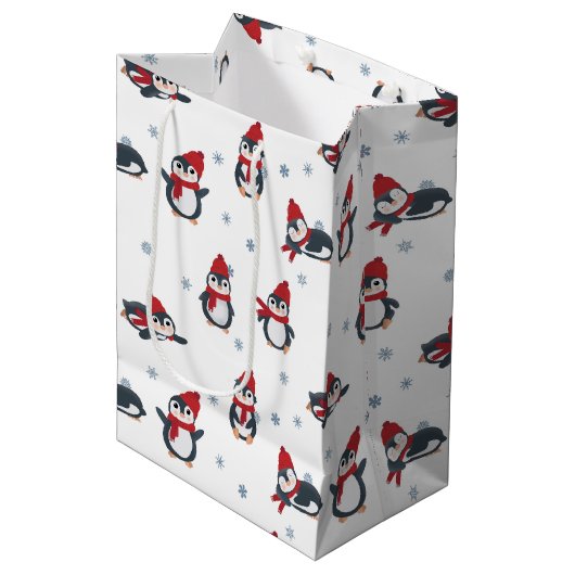 Sac Cadeau Moyen Pingouins mignons Oiseaux d'hiver Animaux de l'Arc (Devant Angle)