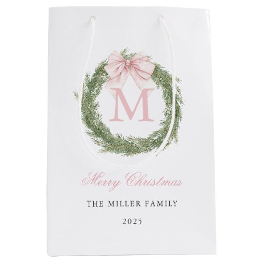 Sac Cadeau Moyen Pink Bow Monogram Wreath Christmas (Devant)
