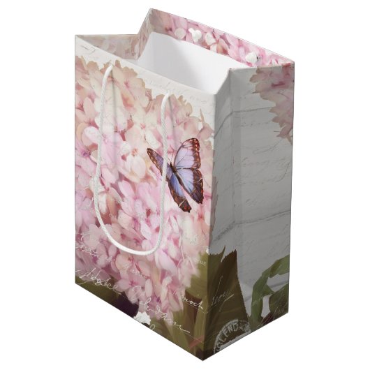 Sac Cadeau Moyen Pink Hydrangea Floral Butterfly Script Art (Devant Angle)