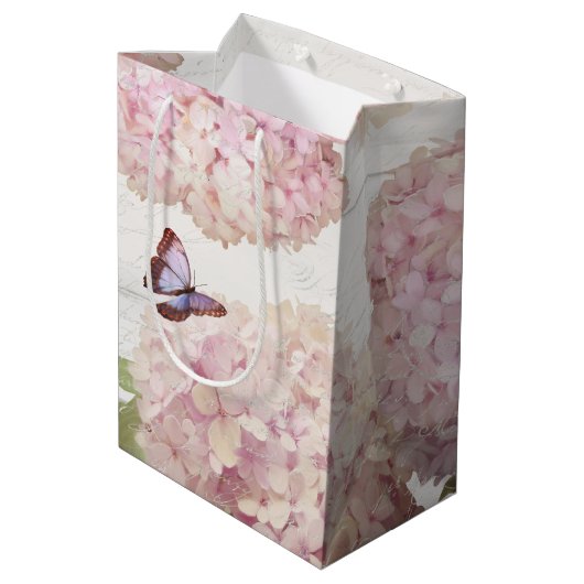 Sac Cadeau Moyen Pink Hydrangea Floral Butterfly Script Art (Dos Angle)