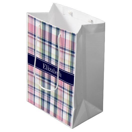 Sac Cadeau Moyen Pink Navy Green White Preppy (Devant Angle)