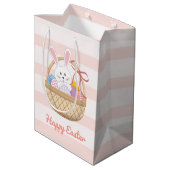 Sac Cadeau Moyen Pink & White Stripes Lapin de Pâques dans le panie (Dos Angle)