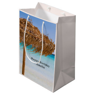Sac Cadeau Moyen Plage tropicale panoramique avec parapluie en pail