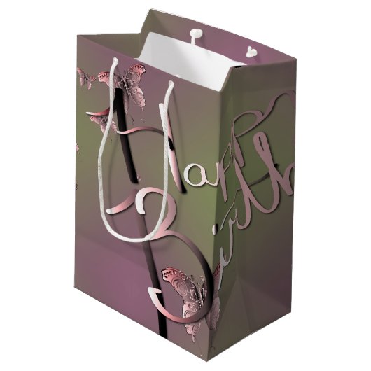 Sac Cadeau Moyen Plum Moss "Happy Birthday" Papillons 3D (Dos Angle)