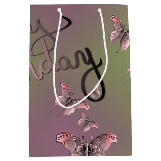 Sac Cadeau Moyen Plum Moss "Happy Birthday" Papillons 3D (Devant)