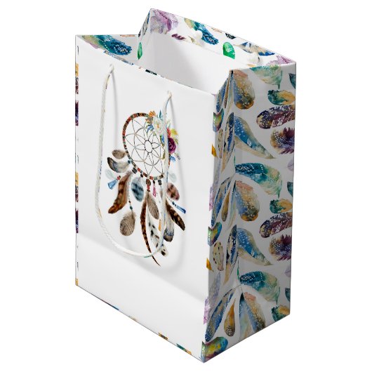 Sac Cadeau Moyen Plumes tribales et attrapeur de fleurs (Devant Angle)