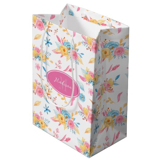 Sac Cadeau Moyen Plutôt rose Motif Floral Monogramme (Dos Angle)