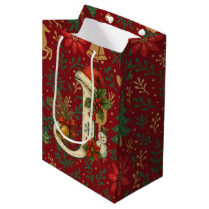 Sac Cadeau Moyen Poinsettia, lettre initiale J blanche moyenne Gift