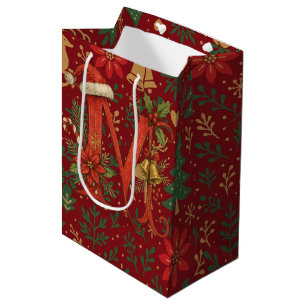 Sac Cadeau Moyen Poinsettia, Lettre Initiale M Renne Moyen Cadeau