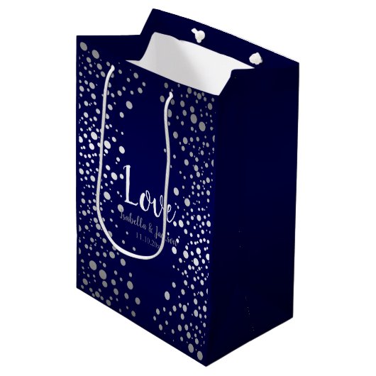 Sac Cadeau Moyen Points confetti bleu marine et argent (Devant Angle)