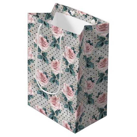 Sac Cadeau Moyen Points floraux gris-bleu rose rose (Devant Angle)