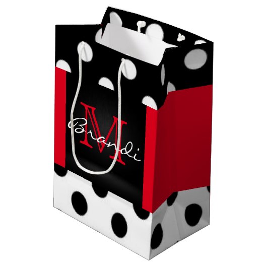 Sac Cadeau Moyen Pois et monogrammes noirs blancs et rouges (Dos Angle)