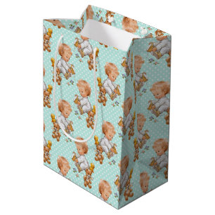 SAC CADEAU MOYEN POIS VERTS ET BLANCS AVEC BÉBÉ CUTE