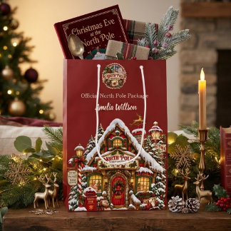 Sac Cadeau Moyen Pôle Nord Rouge Poste Nom Personnalisé Noël