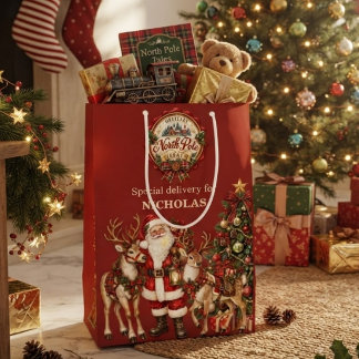 Sac Cadeau Moyen Pôle Nord Santa Renne Noël Nom personnalisé