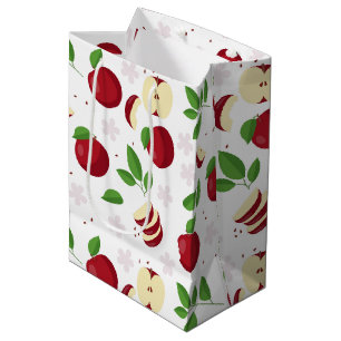 Sac Cadeau Moyen Pommes rouges, fleurs et Motif de verdure
