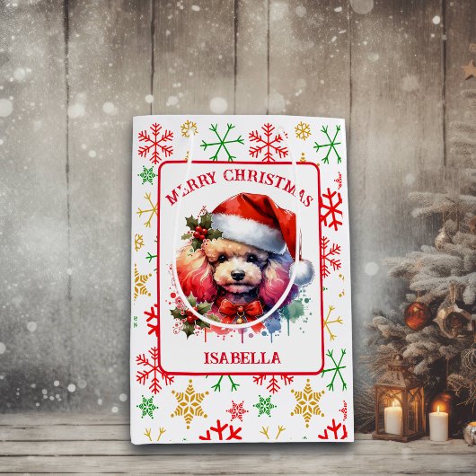 Sac Cadeau Moyen Poodé d'aquarelle doux à Santa Hat