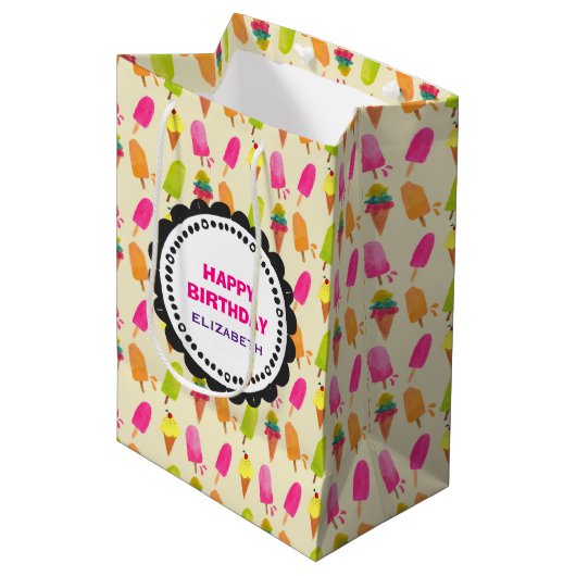 Sac Cadeau Moyen Popsicles et crème glacée Motif Joyeux anniversair (Devant Angle)