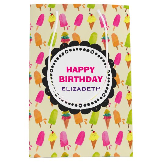 Sac Cadeau Moyen Popsicles et crème glacée Motif Joyeux anniversair (Devant)