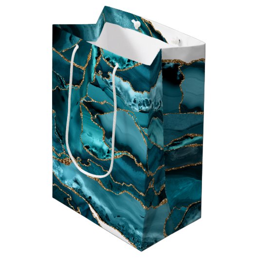Sac Cadeau Moyen Porte de Parties scintillant Turquoise bleue et or (Devant Angle)