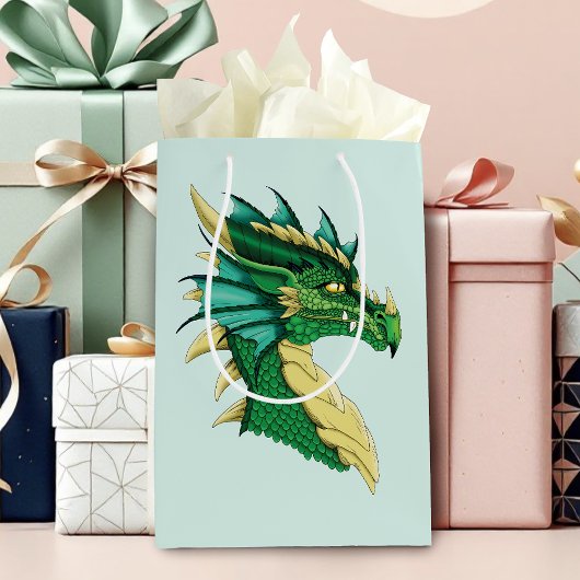 Sac Cadeau Moyen Portrait de tête de dragon vert émeraude Fantastiq