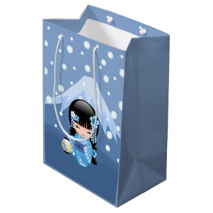 Sac Cadeau Moyen Poupée Kokeshi d'hiver - Blue Mountain Geisha Girl