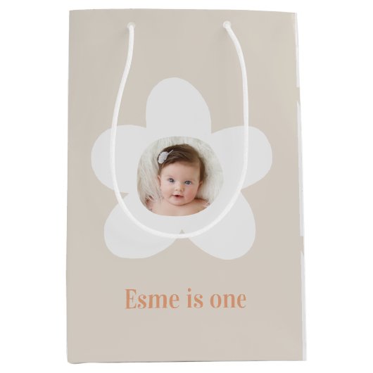 Sac Cadeau Moyen Première anniversaire marguerite boho rétro terrac (Devant)