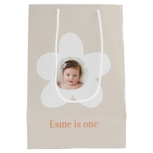 Sac Cadeau Moyen Première anniversaire marguerite boho rétro terrac (Dos)