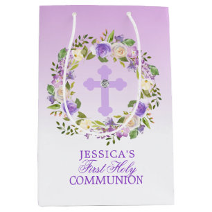 Sac Cadeau Moyen Première sainte communion de fille florale pourpr