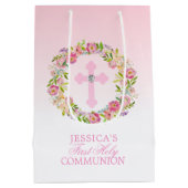 Sac Cadeau Moyen Première sainte communion de fille florale rose (Dos)