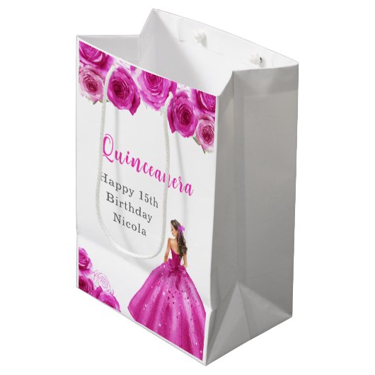 Sac Cadeau Moyen Princesse en Robe Rose Chaude Quinceanera (Devant Angle)