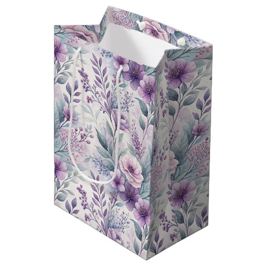 Sac Cadeau Moyen Purple, Pink, Lavender Floral  (Devant Angle)