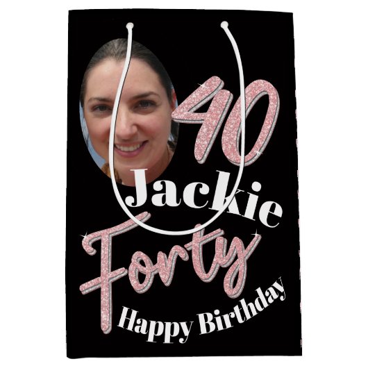 Sac Cadeau Moyen Quarante 40e anniversaire script photo rose rose (Devant)