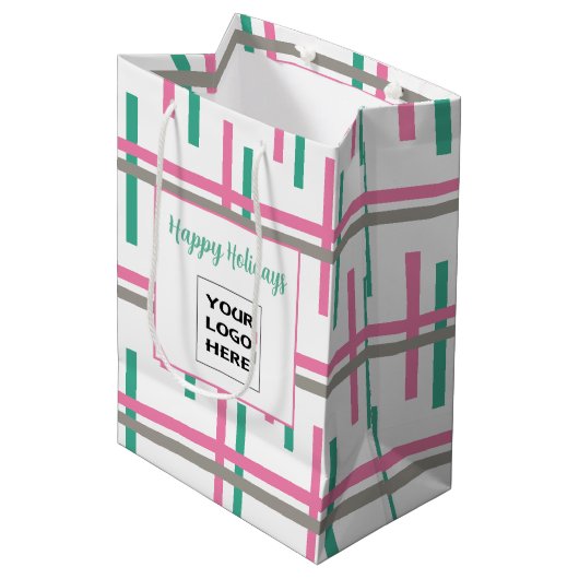Sac Cadeau Moyen Rayure taupe vert rose (Devant Angle)