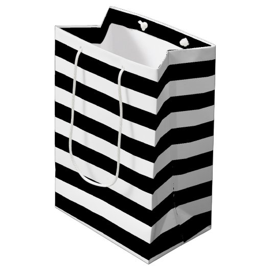 Sac Cadeau Moyen Rayures horizontales larges noires et blanches à (Devant Angle)