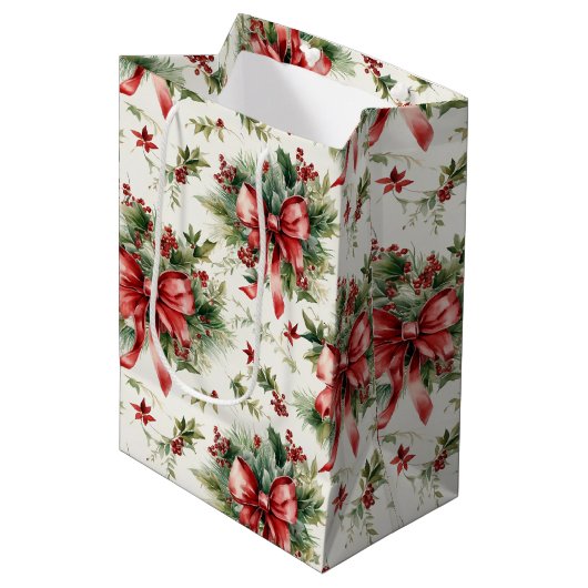 Sac Cadeau Moyen Red Bows and Holly Leaves (Devant Angle)