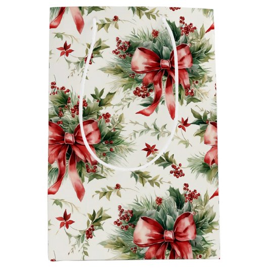 Sac Cadeau Moyen Red Bows and Holly Leaves (Devant)