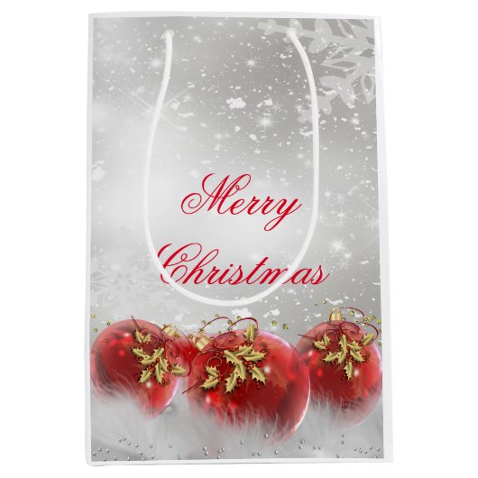 Sac Cadeau Moyen Red & Gold Holly Baubles Silver Joyeux Noël (Devant)