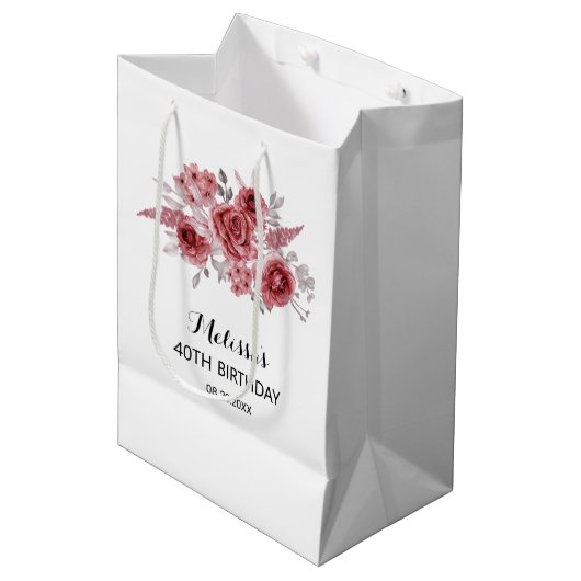 Sac Cadeau Moyen Red Marron Rose verdure Floral 40e anniversaire (Devant Angle)