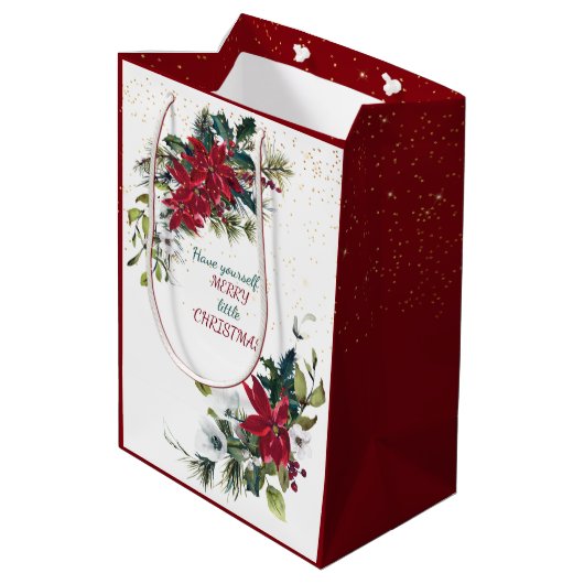 Sac Cadeau Moyen Red Poinsettia Bouquet Parties scintillant or Noël (Dos Angle)