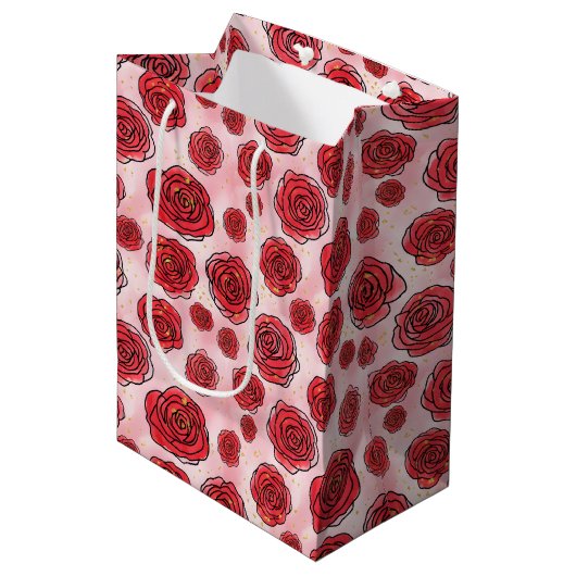 Sac Cadeau Moyen Red Roses on Pink Watercolor Pattern (Devant Angle)