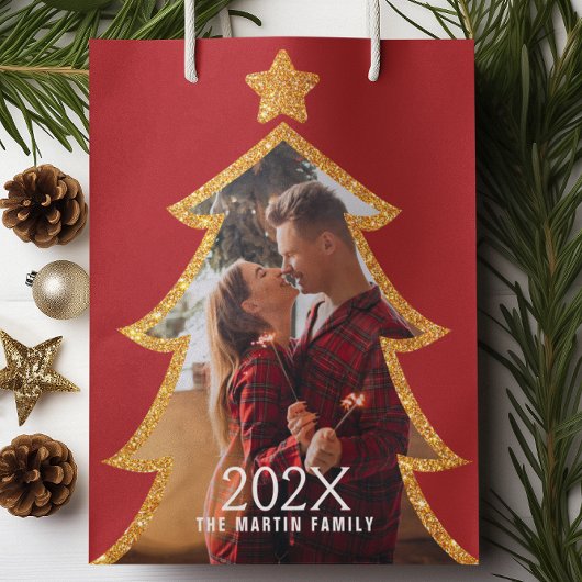 Sac Cadeau Moyen Red Shiny Christmas Tree Personalized Photo