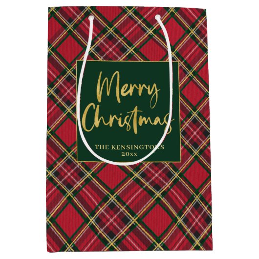 Sac Cadeau Moyen Red Tartan Plaid Gold Script Joyeux Noël (Devant)