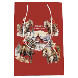 Sac Cadeau Moyen Red Western Christmas Père Noël Sur Horseback Cade